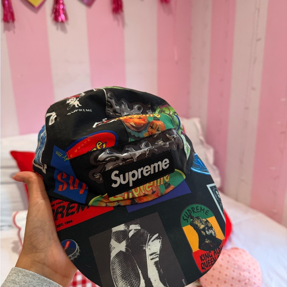 Supreme Black Hat with Colorful Pattern and Logo